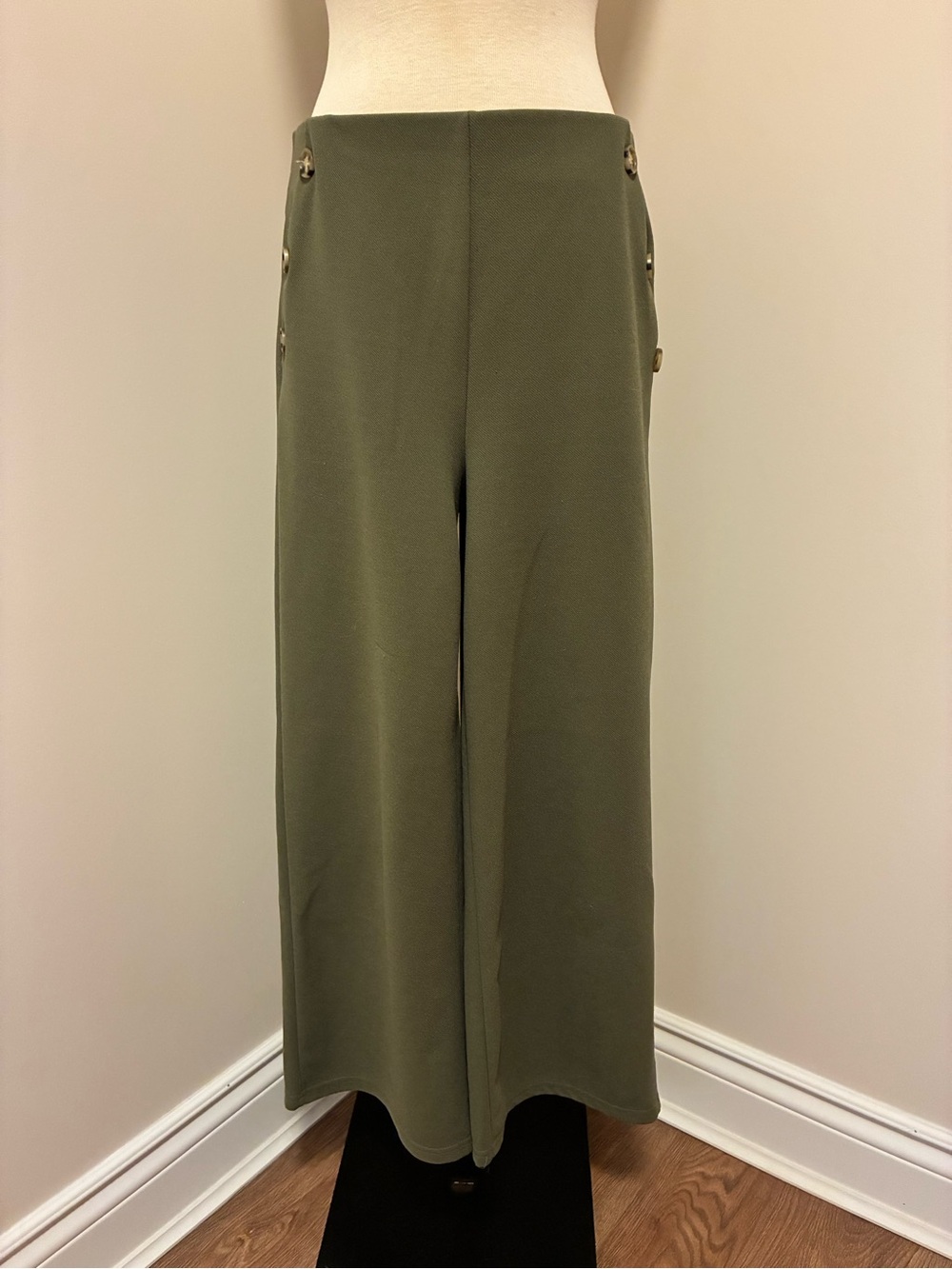 High-Rise Olive Wide-Leg Pants with Side Button Detail